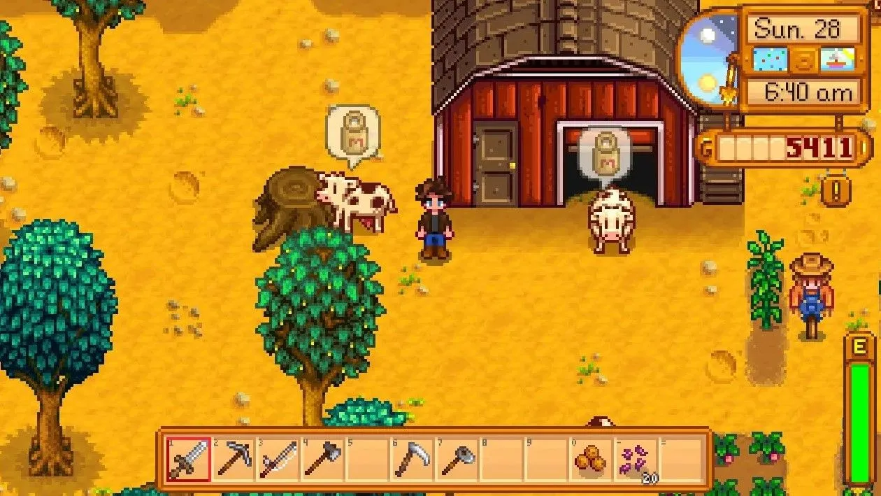 Những con bò trên nông trại Stardew Valley với biểu tượng phía trên đầu, cho biết chúng cần được chăm sóc hoặc sẵn sàng cho sữa, nhờ Better Ranching mod.
