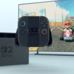 Nintendo Switch 2 đang cắm dock chơi game Mario Kart.