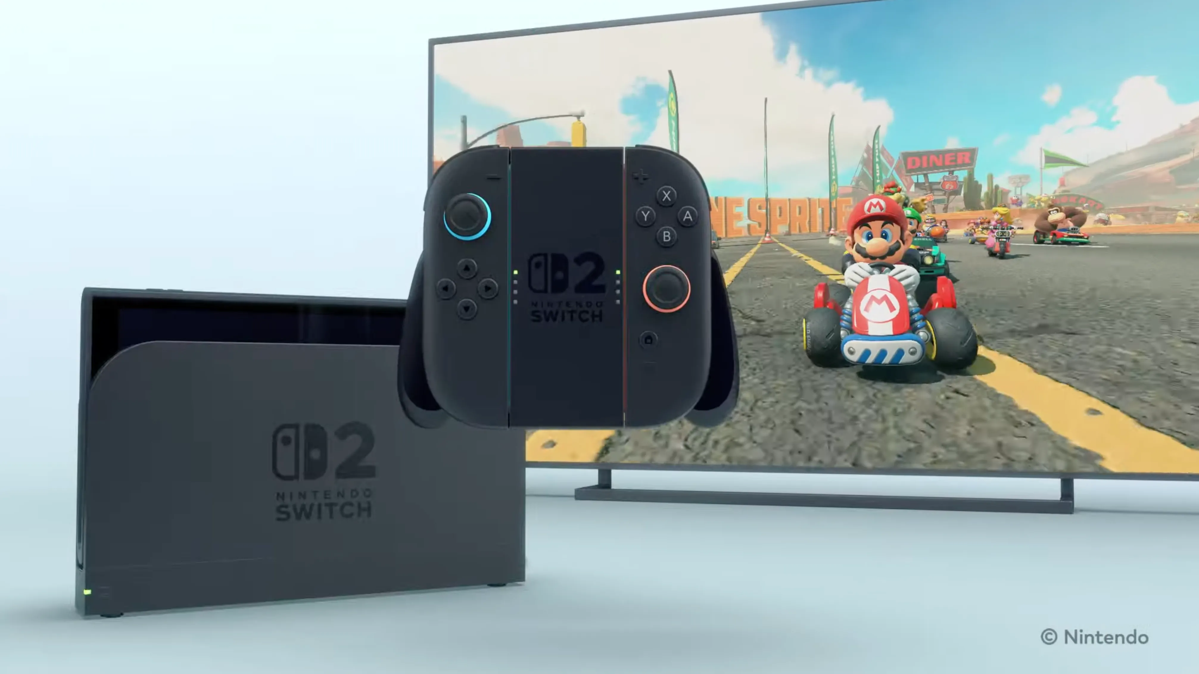 Nintendo Switch 2 đang cắm dock chơi game Mario Kart.