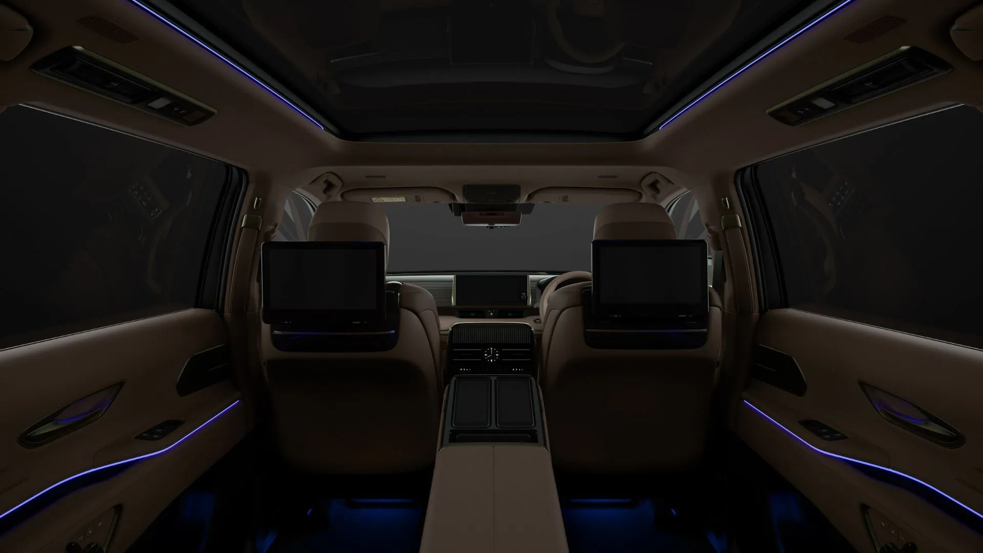 Nội thất siêu sang của Toyota Century SUV nhìn từ ghế sau, nổi bật với hệ thống đèn chiếu sáng ambiant cao cấp.