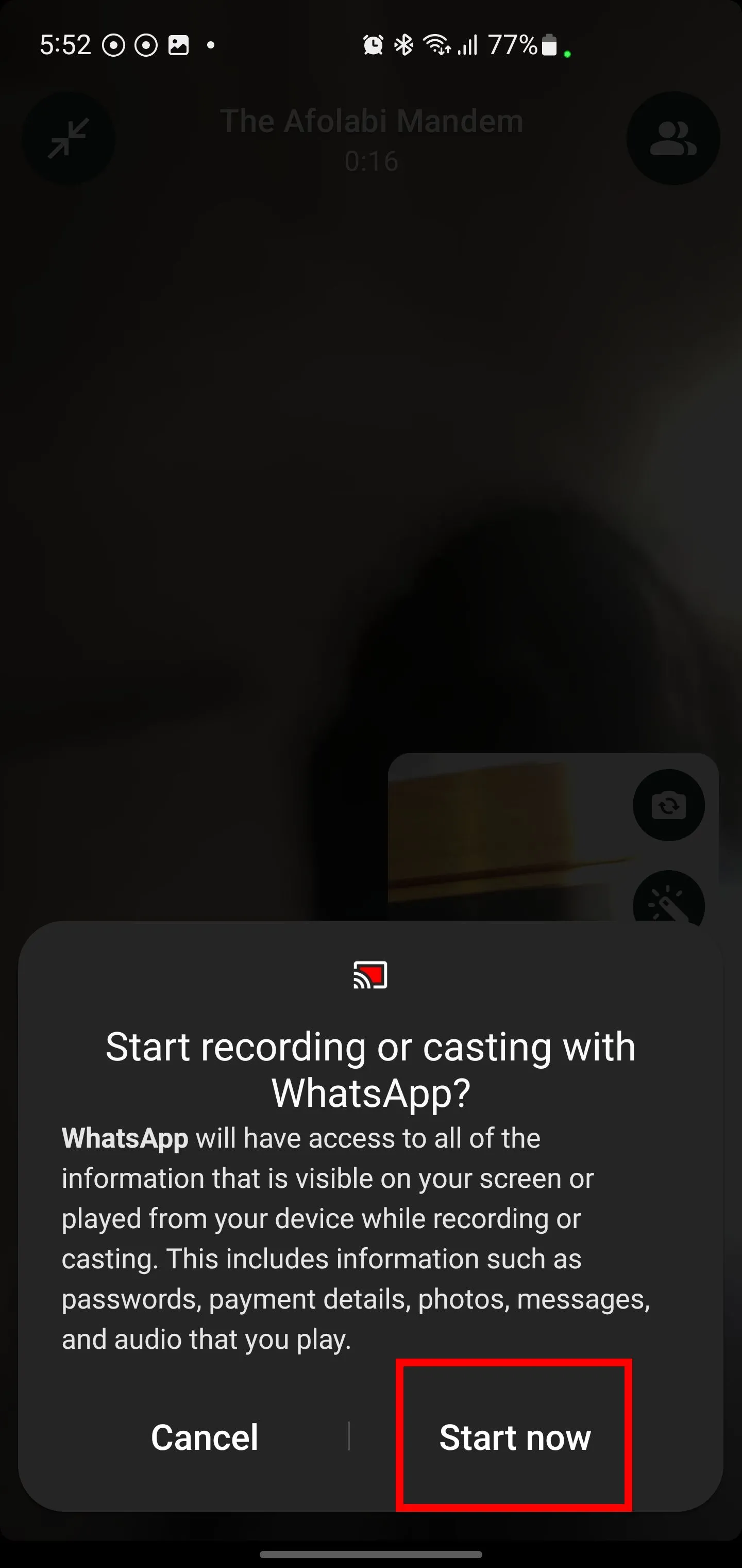 Nút &quot;Bắt đầu ngay&quot; để chia sẻ màn hình cuộc gọi WhatsApp.