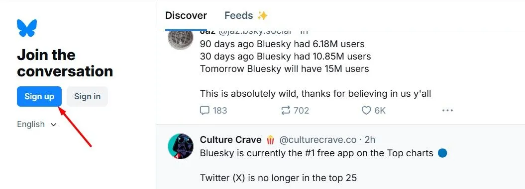 Nút Đăng ký (Sign Up) để tạo tài khoản Bluesky trên giao diện desktop