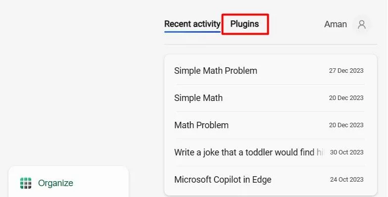 Nút &quot;Plugins&quot; trên thanh điều hướng của Microsoft Copilot, nơi người dùng có thể quản lý các tiện ích mở rộng.