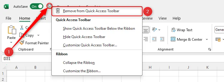 Nút Remove From Quick Access Toolbar (Xóa khỏi Thanh công cụ Truy cập nhanh) cho biểu tượng Save (Lưu) được chọn trong Excel.