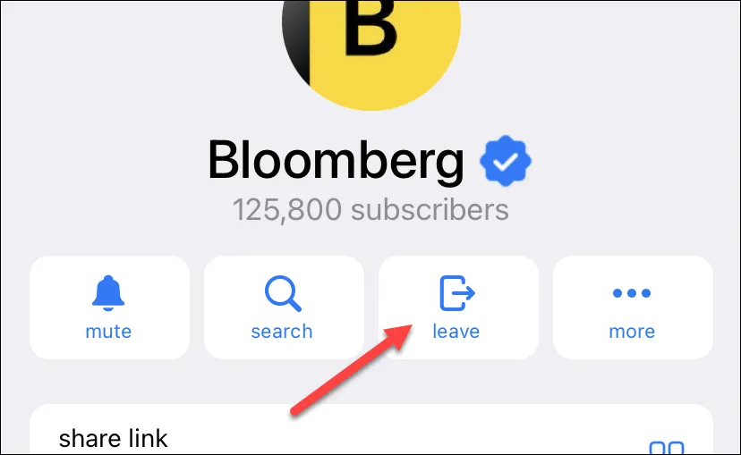 Nút &quot;Rời khỏi&quot; (Leave) để thoát kênh Telegram trên ứng dụng iPhone