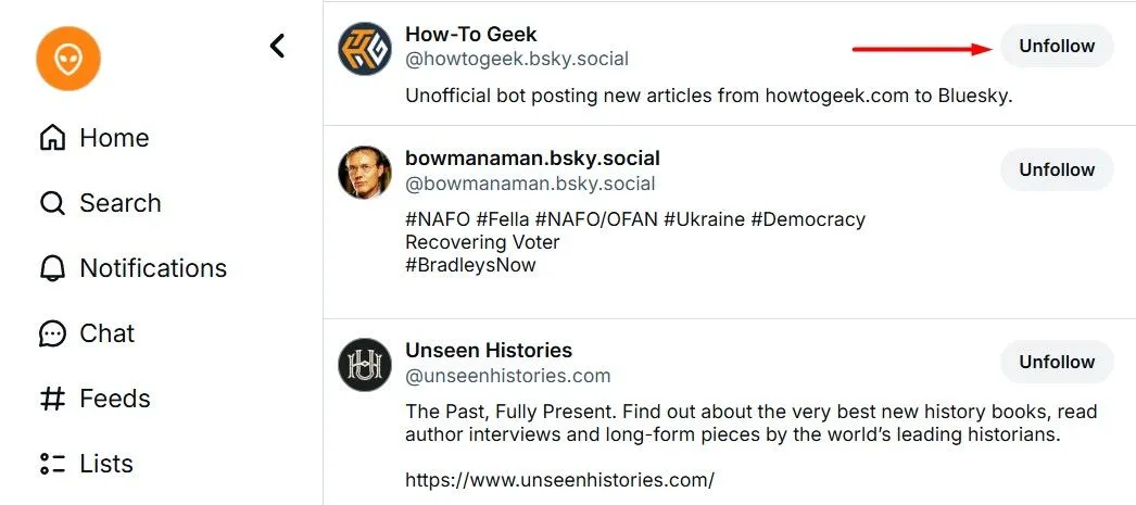 Nút Unfollow để hủy theo dõi một tài khoản trên Bluesky