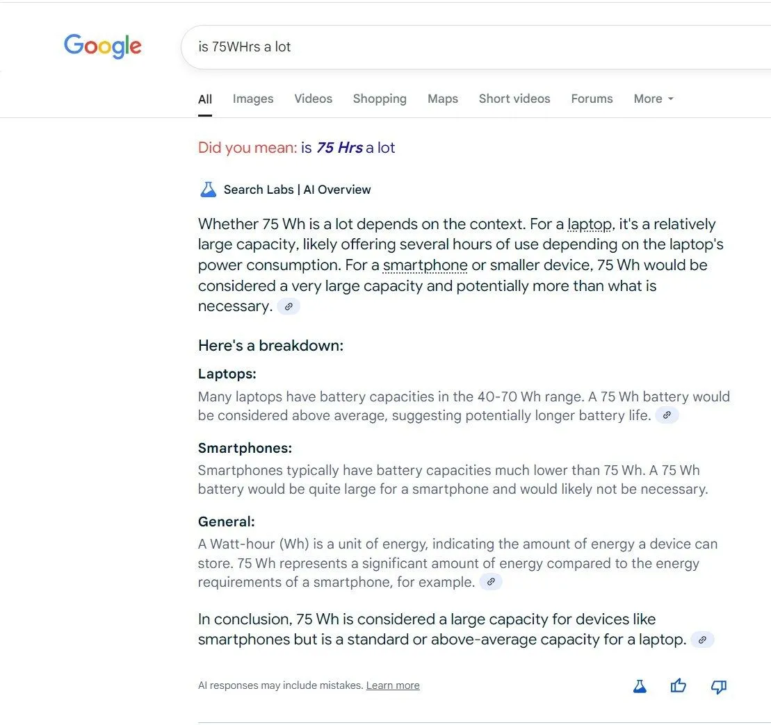 Phản hồi AI Overview của Google về pin 75Wh, minh họa cách tính năng này đưa ra thông tin không chính xác về dung lượng pin laptop cho smartphone.