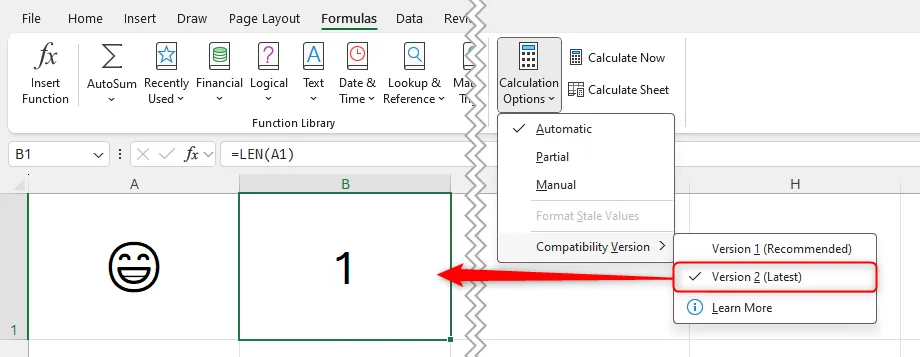 Phiên bản 2 của một bảng tính Excel được chọn, và hàm LEN đếm một ký tự Unicode một lần.