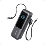 Pin sạc dự phòng Anker Power Bank 25K A1695 màu đen đang mở, hiển thị các cổng sạc USB-C, USB-A và màn hình TFT rõ ràng trên nền trắng.