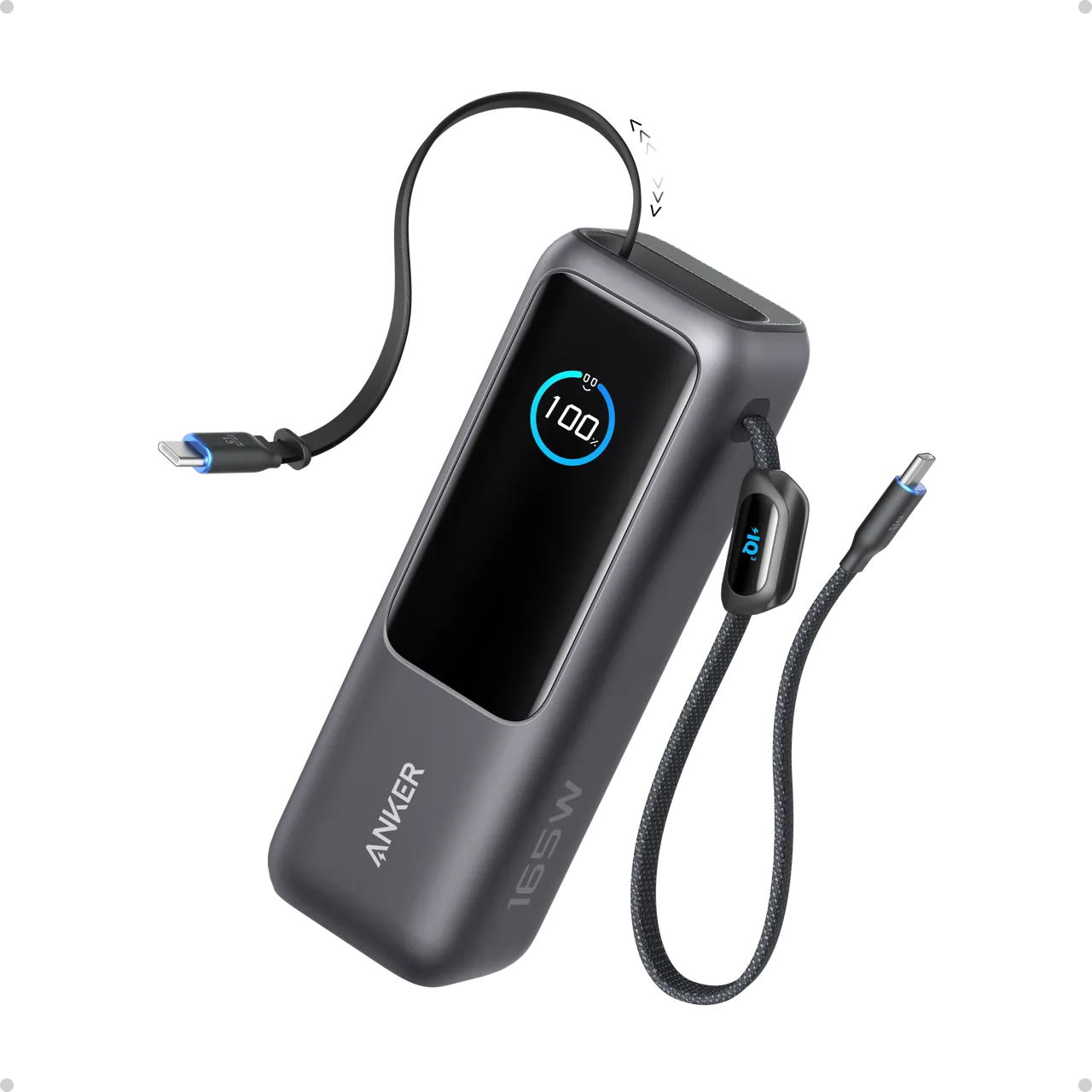 Pin sạc dự phòng Anker Power Bank 25K A1695 màu đen đang mở, hiển thị các cổng sạc USB-C, USB-A và màn hình TFT rõ ràng trên nền trắng.