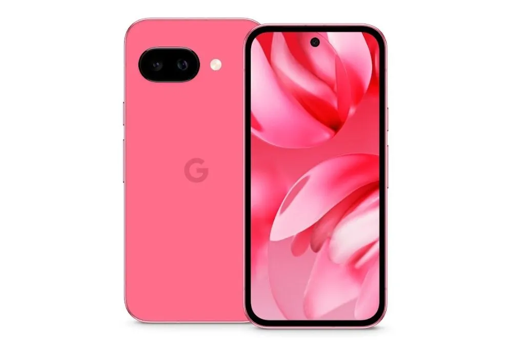 Pixel 9a màu hồng cùng logo Google.