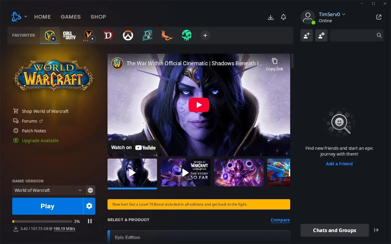 Quá trình tải xuống game World of Warcraft đang diễn ra trên Steam Deck