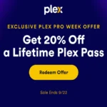 Quảng cáo ưu đãi 20% gói Plex Pass trọn đời trên nền tím sẫm.