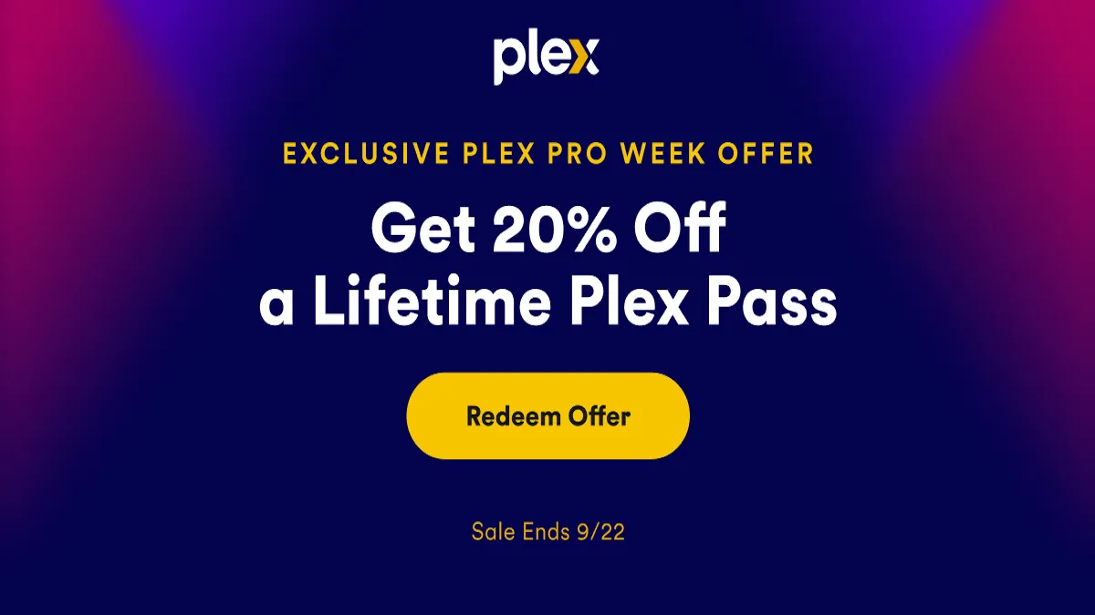Quảng cáo ưu đãi 20% gói Plex Pass trọn đời trên nền tím sẫm.