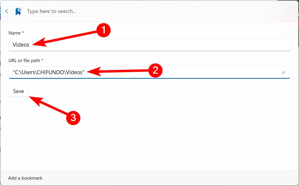 Quy trình thêm một dấu trang (bookmark) mới trong giao diện Command Palette trên Windows.