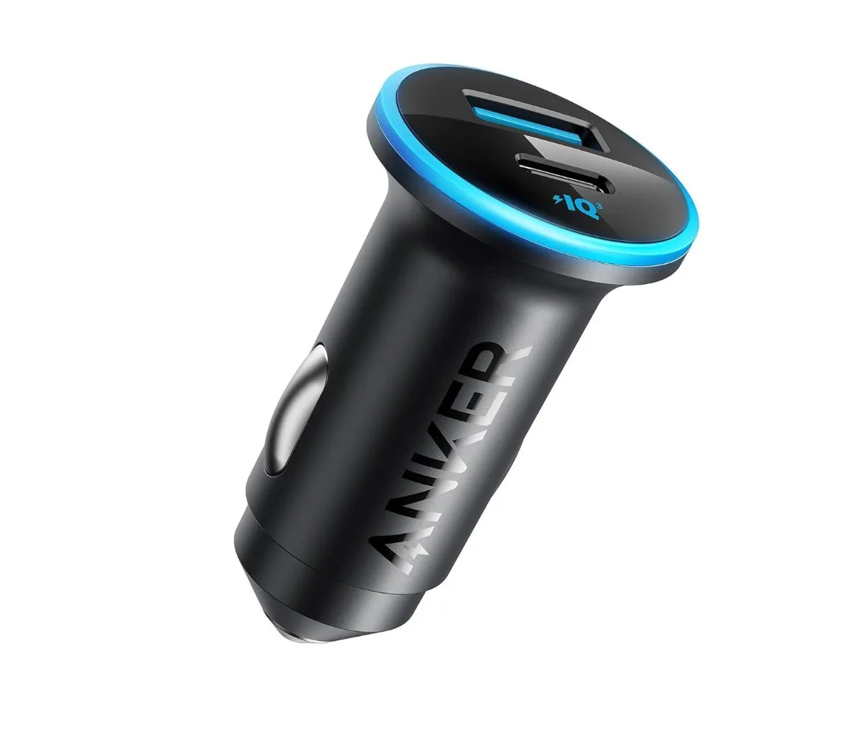 Sạc xe hơi Anker 323 với hai cổng USB-C và USB-A, cung cấp sạc nhanh 52W cho điện thoại và các thiết bị di động trong ô tô.