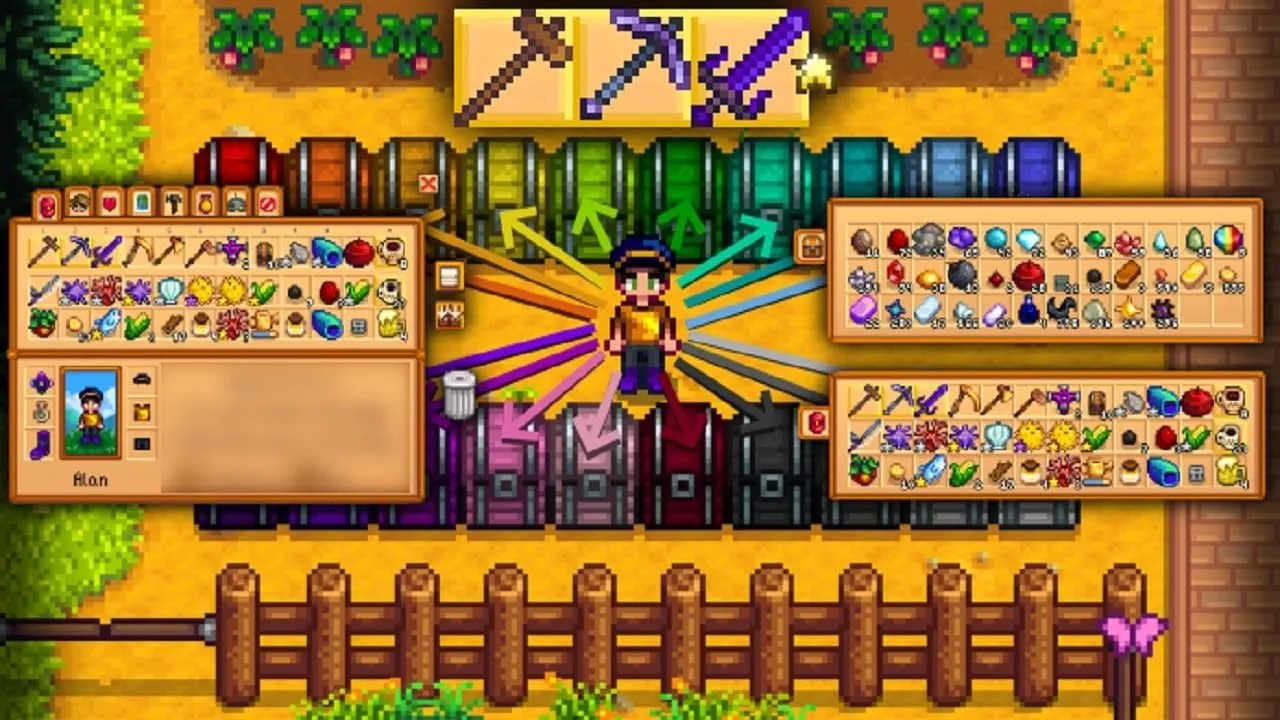 Sơ đồ mô tả người chơi Stardew Valley tự động sắp xếp nhiều vật phẩm vào nhiều rương khác nhau, thể hiện hiệu quả của Convenient Inventory mod.