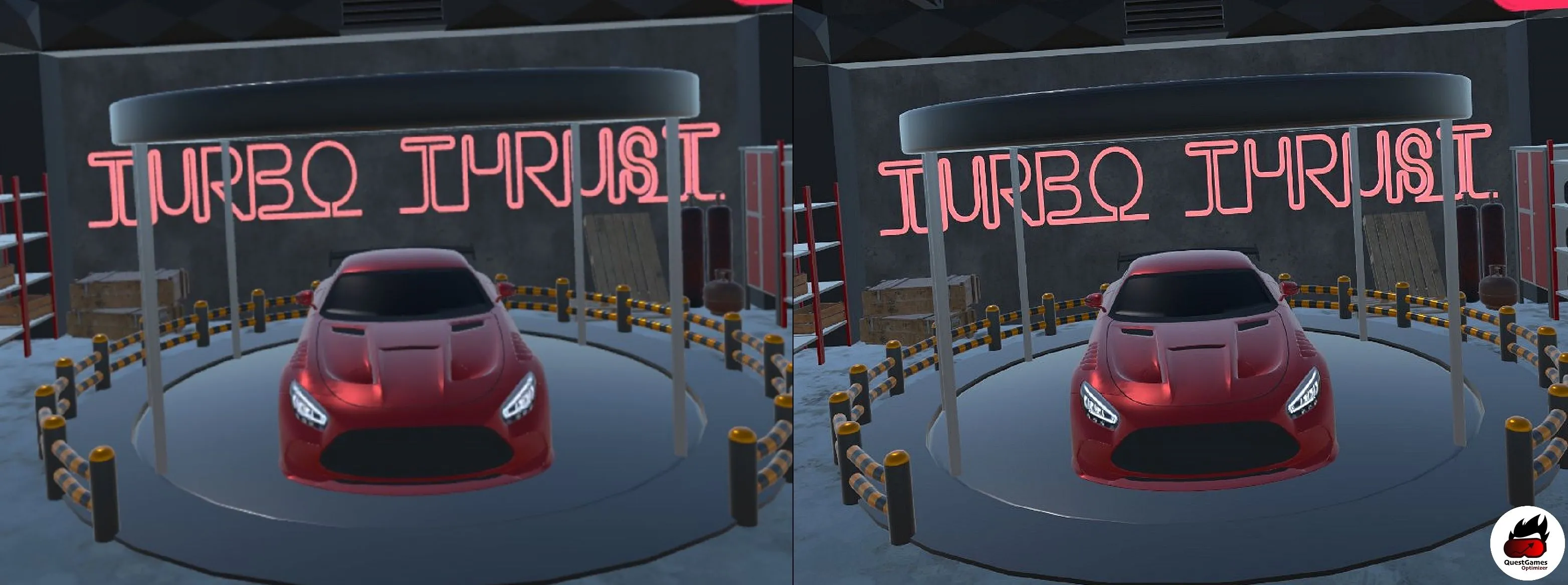 So sánh cảnh quan một chiếc xe hơi trong game VR với và không có tối ưu hóa, làm nổi bật sự cải thiện về đồ họa và chi tiết bề mặt