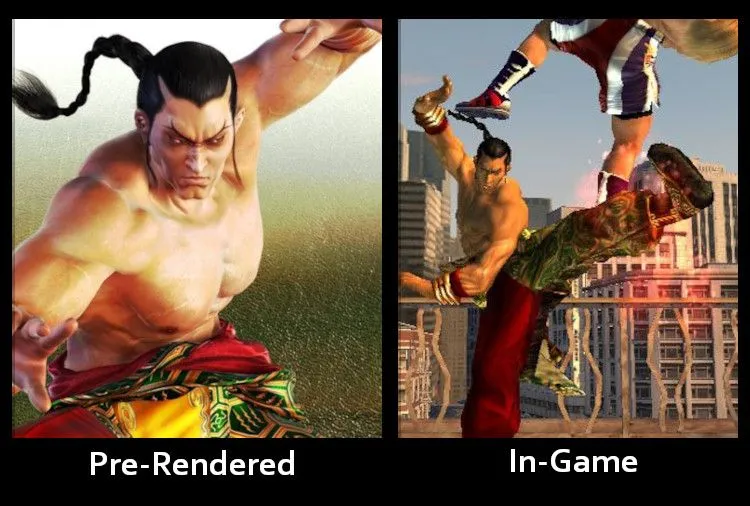 So sánh hình ảnh pre-rendered và in-game của Tekken 5.