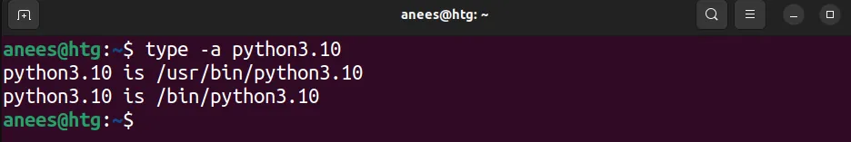 Sử dụng lệnh type -a để hiển thị tất cả đường dẫn của python3.10