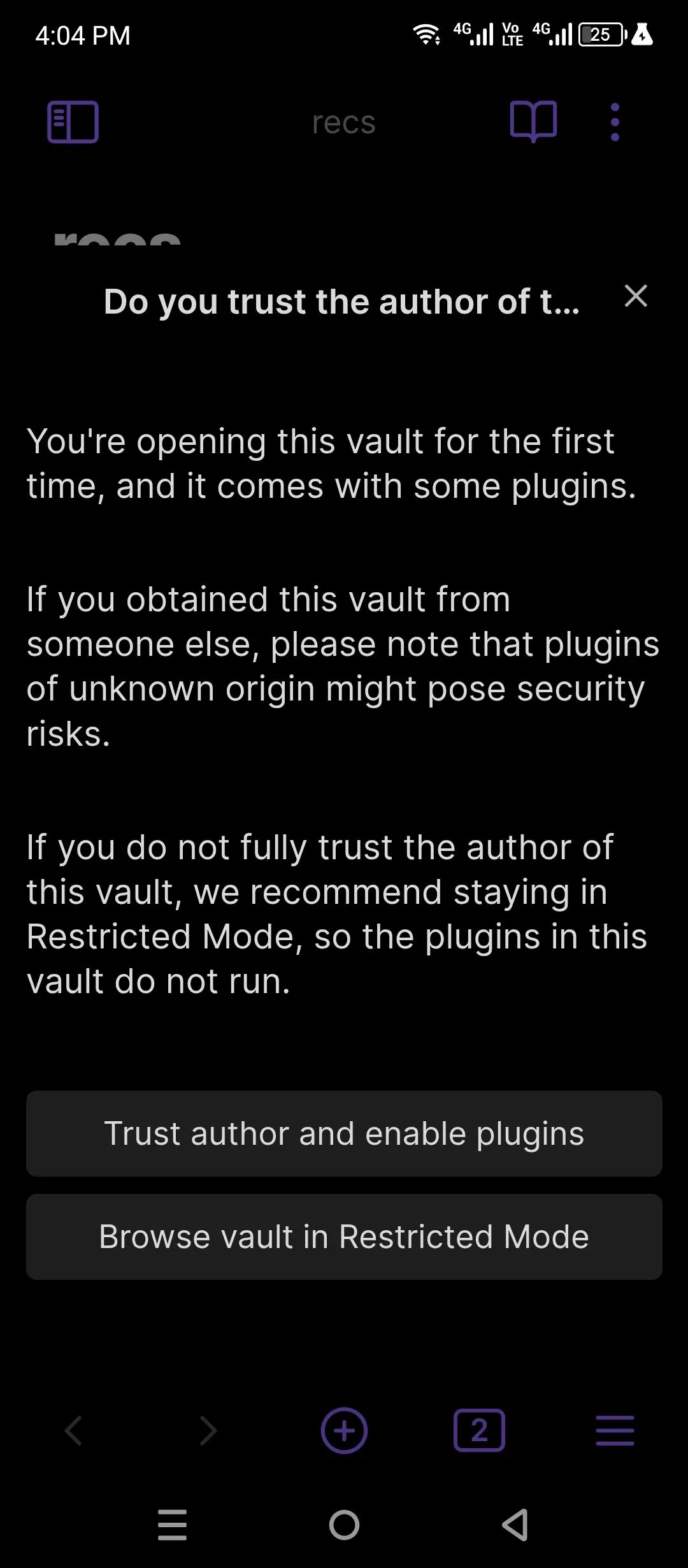 Tải thư mục Obsidian vault đã đồng bộ từ Google Drive trên điện thoại Android.