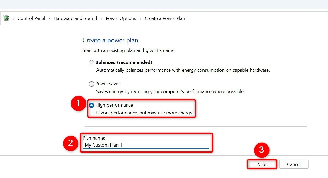 Tạo một gói nguồn tùy chỉnh mới trong Windows 11