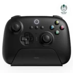 Tay cầm chơi game 8BitDo Ultimate 2.4G màu đen với đế sạc, nổi bật với công nghệ Hall Effect joystick tương thích Linux.