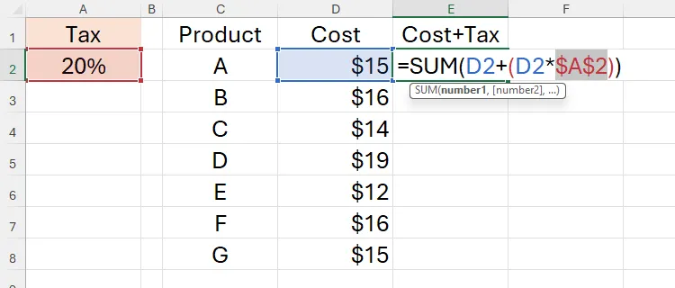 Tham chiếu tương đối đến ô A2 trong Excel được chuyển đổi thành tham chiếu tuyệt đối bằng F4, minh họa ký hiệu đô la.