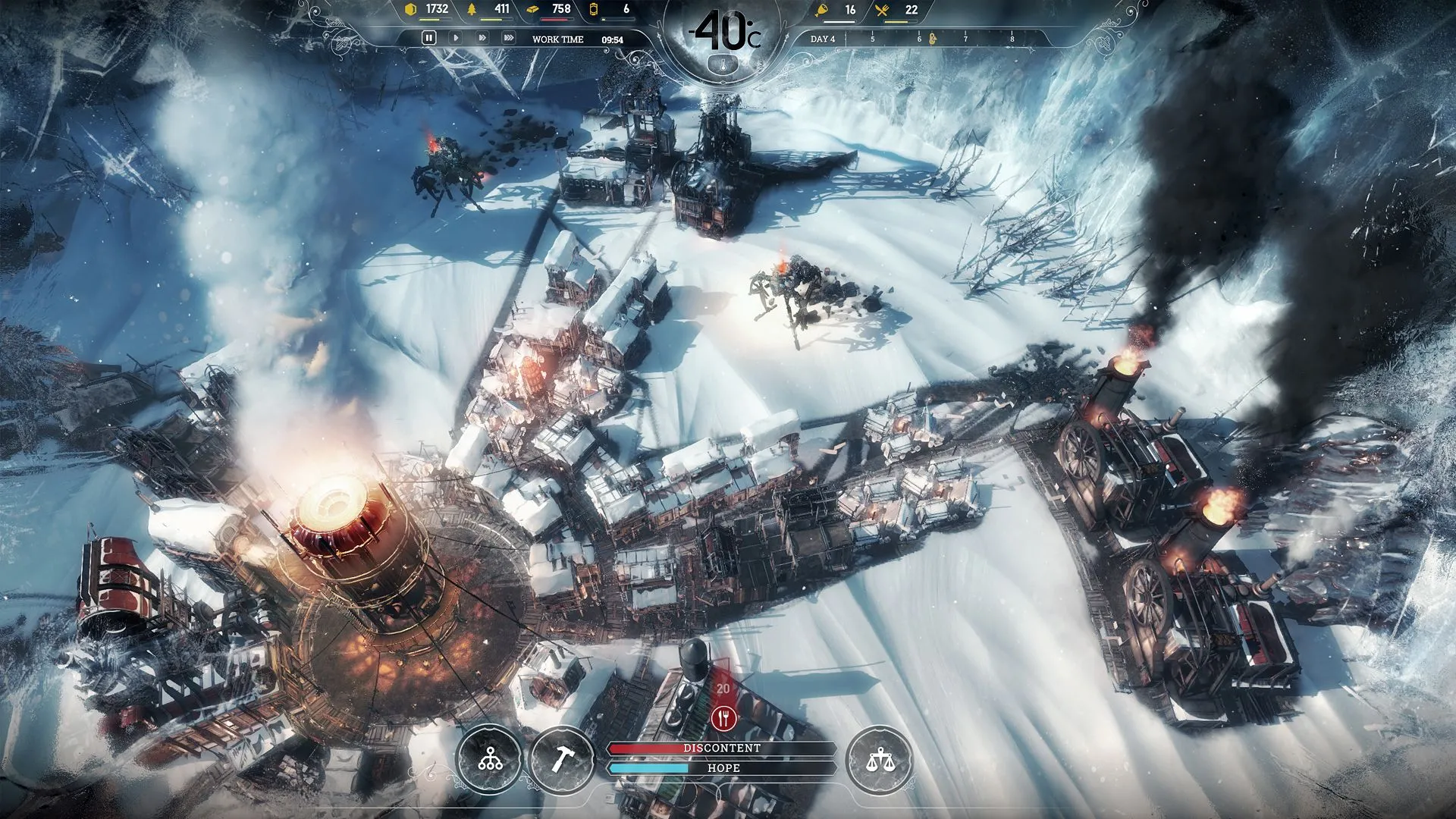 Thành phố bị bao phủ bởi băng tuyết trong game Frostpunk, một game xây dựng thành phố sinh tồn