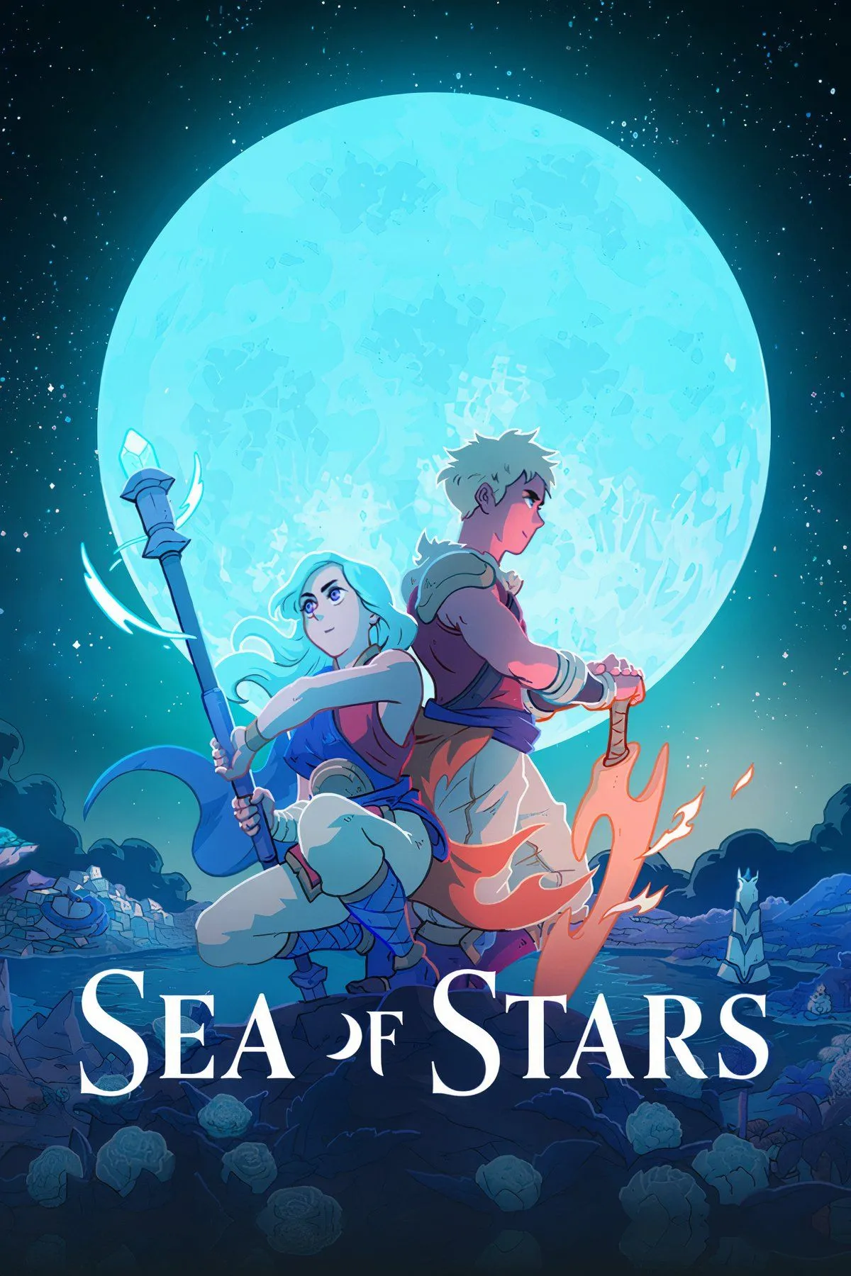 Thế giới 2D pixel art đầy màu sắc của game Sea of Stars với các nhân vật và phong cảnh