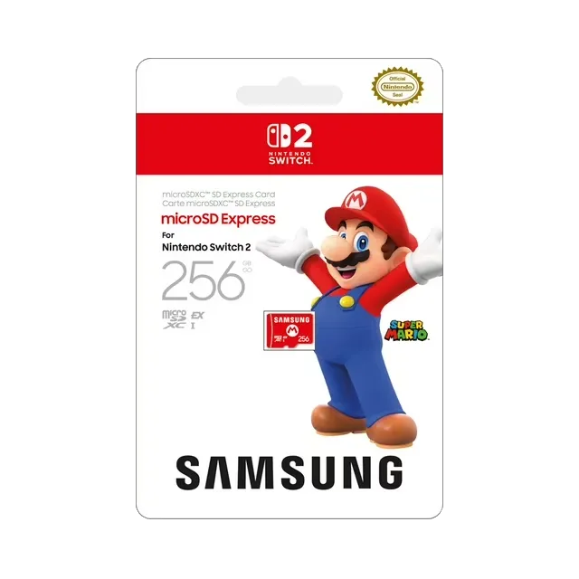 Thẻ nhớ Samsung microSD Express 256GB với hình Mario, phụ kiện cần thiết cho Nintendo Switch 2 để cải thiện tốc độ tải game.
