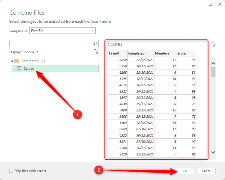 Thẻ trang tính &quot;Scores&quot; trong hộp thoại Excel được chọn, với bản xem trước của file mẫu hiển thị và nút OK được đánh dấu