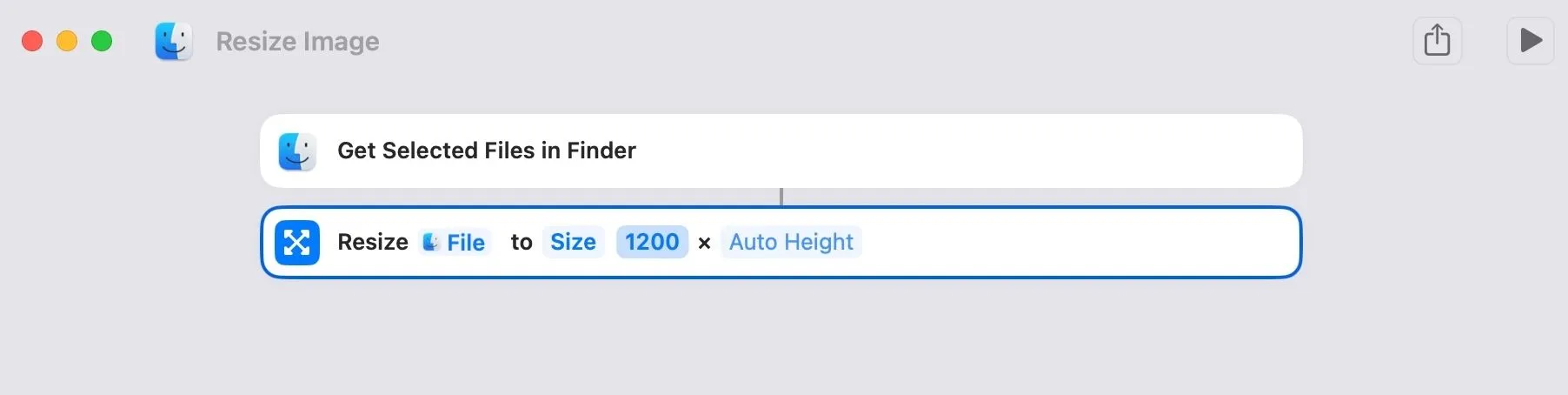 Thêm hành động 'Resize Image' và cấu hình kích thước trong trình chỉnh sửa Shortcuts Mac.