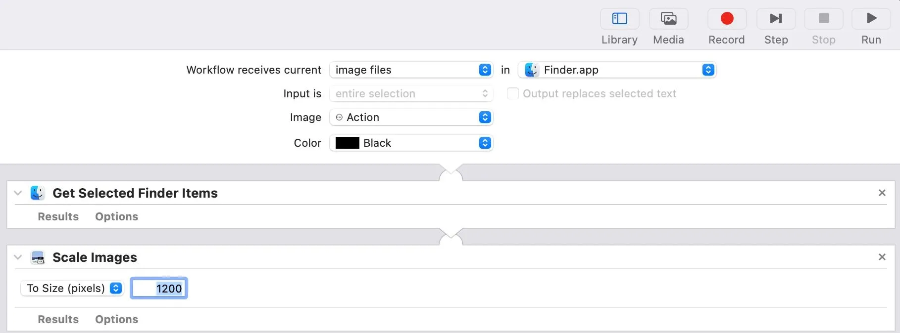 Thêm và cấu hình hành động 'Scale Images' để đổi kích thước ảnh trong quy trình làm việc Automator Mac.