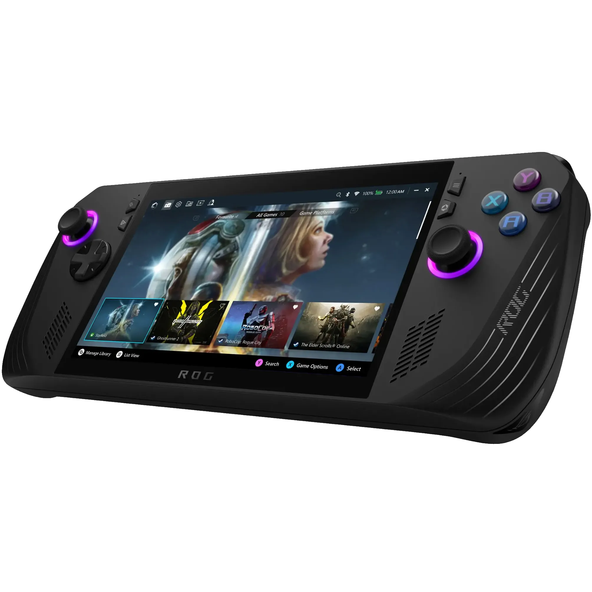 Thiết bị chơi game cầm tay ROG Ally X màu đen, minh chứng cho khả năng chơi game PC mọi lúc mọi nơi.