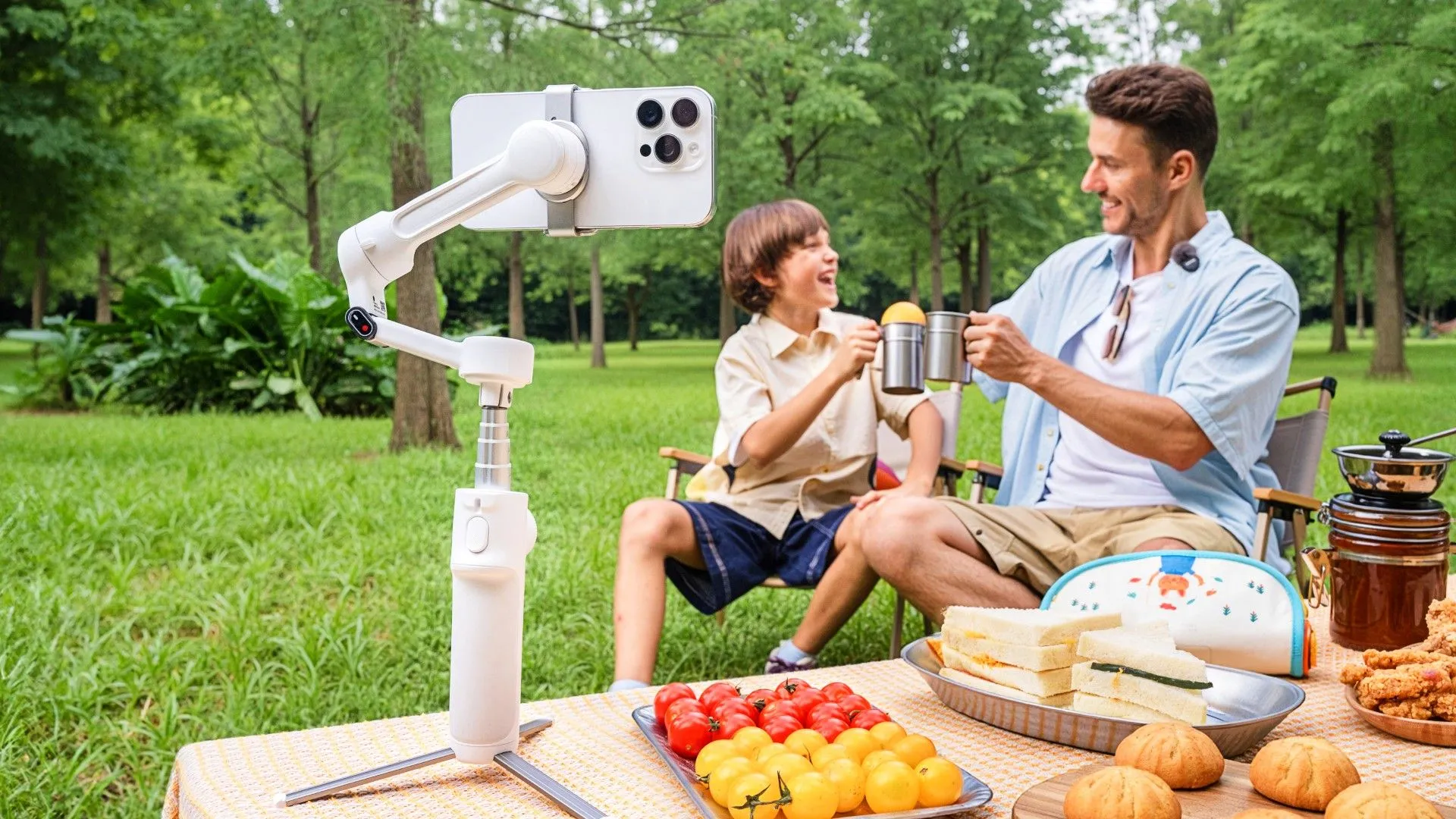 Thiết bị gimbal Insta360 Flow 2 đang giữ một chiếc điện thoại, chụp cảnh cha và con đang cắm trại, minh họa khả năng quay video ổn định