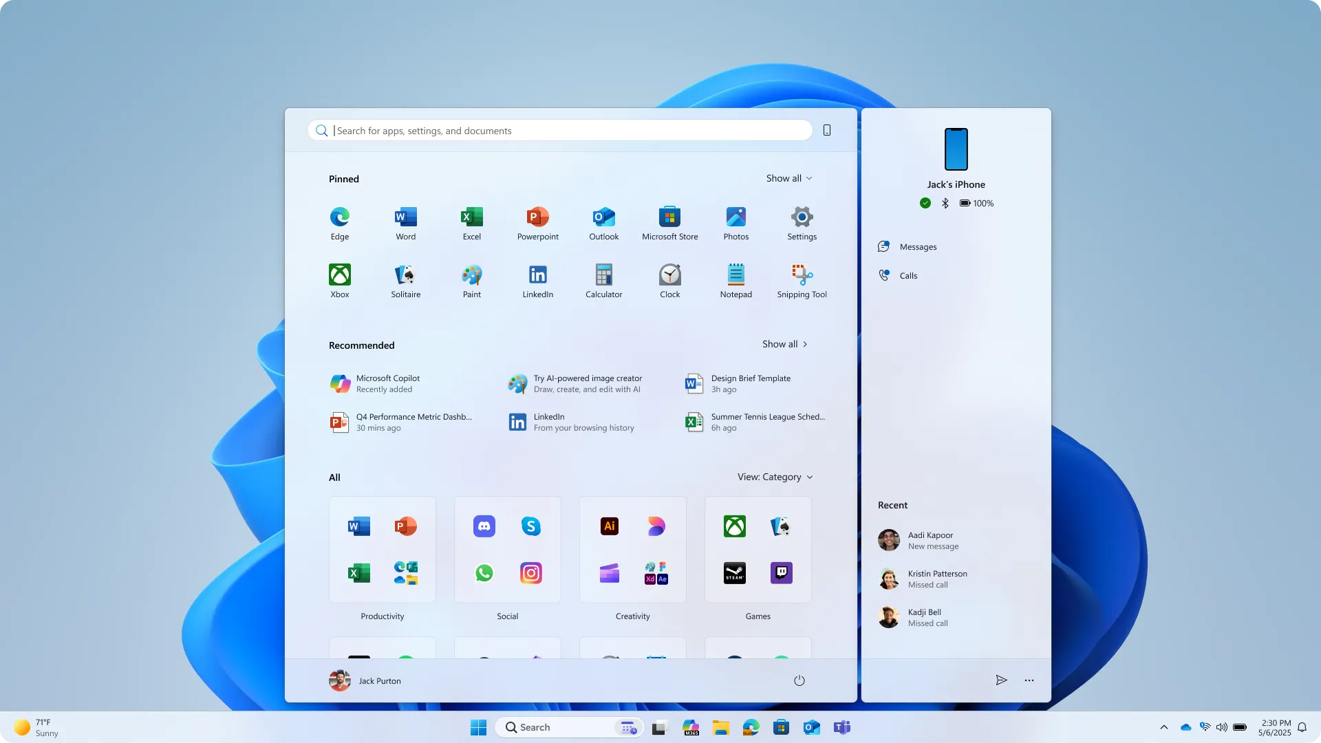 Thiết kế Start Menu mới của Windows 11 với giao diện phân loại ứng dụng
