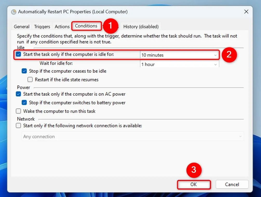 Thiết lập điều kiện tác vụ chỉ chạy khi máy tính ở trạng thái rảnh trong Task Scheduler