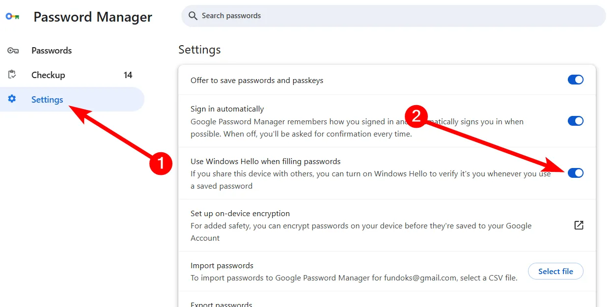 Thiết lập xác minh thủ công mật khẩu với Windows Hello trong Chrome.