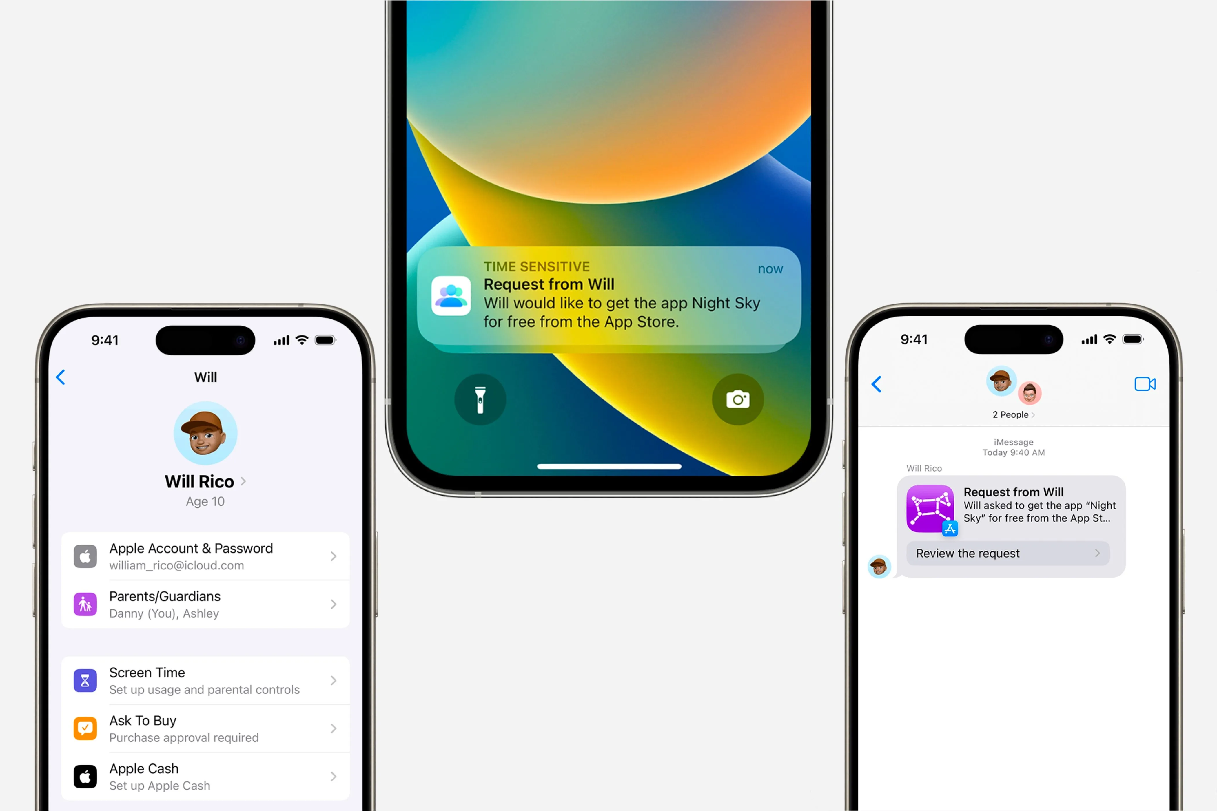 Thông báo và tùy chọn Ask to Buy trong cài đặt hiển thị trên ba iPhone khác nhau.