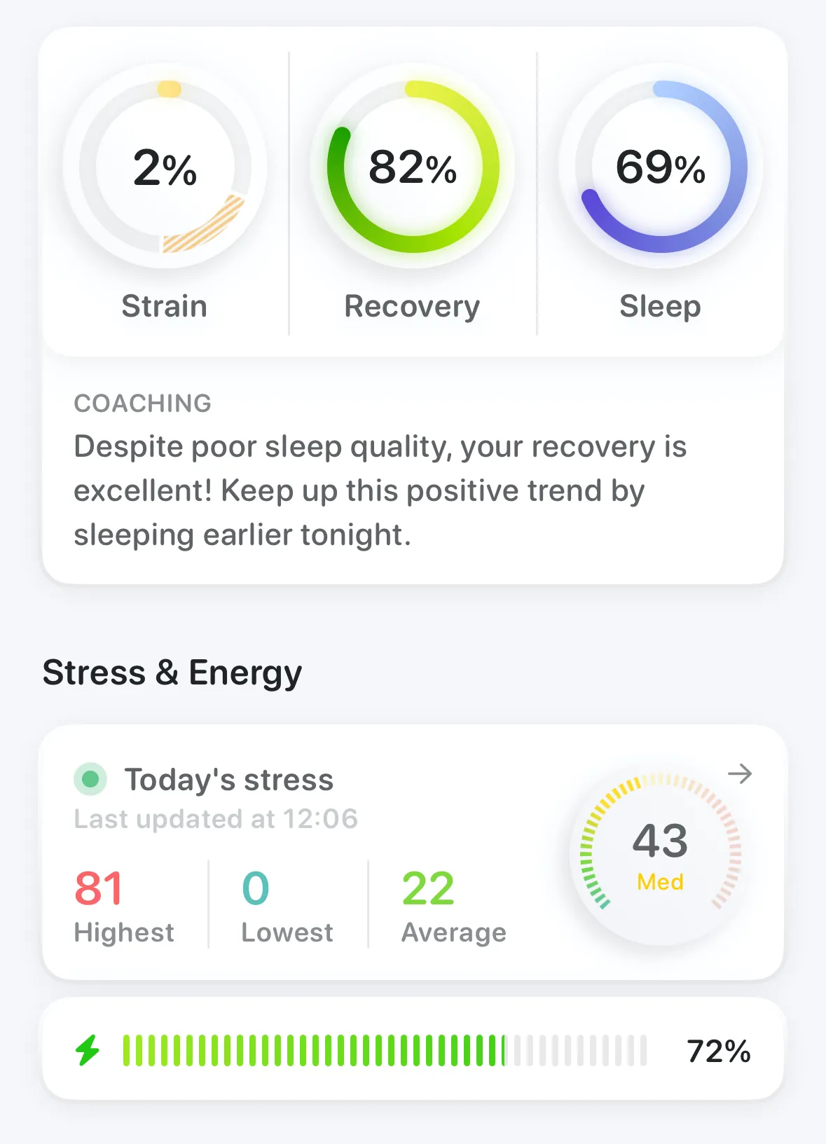 Thống kê về mức độ căng thẳng, hồi phục, giấc ngủ và năng lượng trong ứng dụng Bevel.