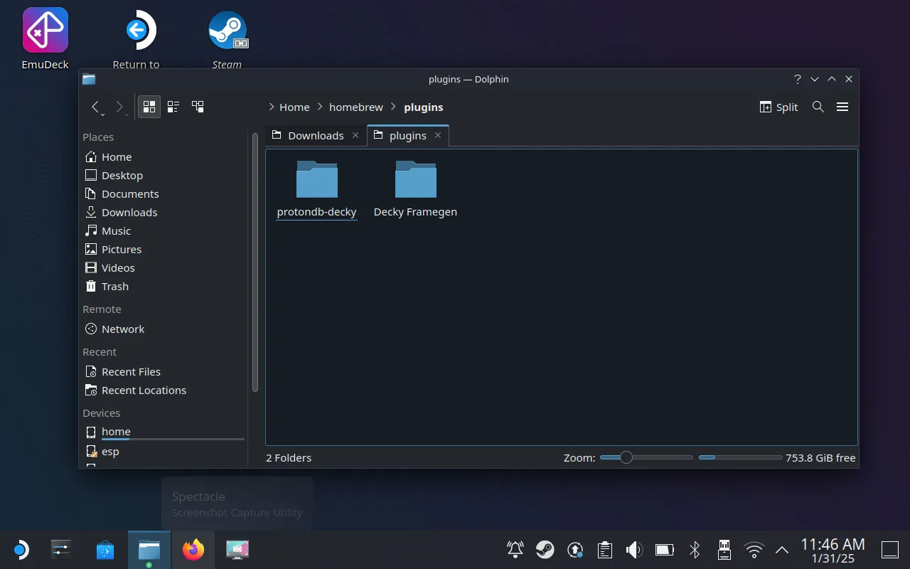Thư mục Decky Framegen đã được giải nén thành công trong thư mục homebrew plugins của Steam Deck.