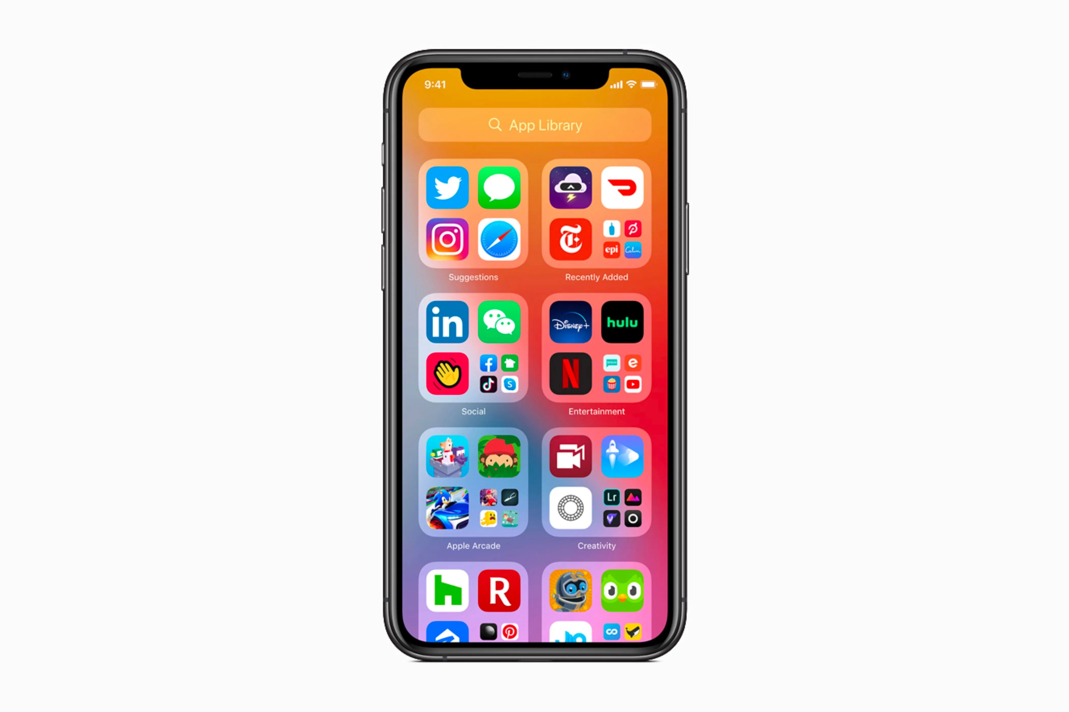 Thư viện ứng dụng (App Library) được hiển thị trên iPhone chạy iOS 14, sắp xếp ứng dụng thông minh theo danh mục