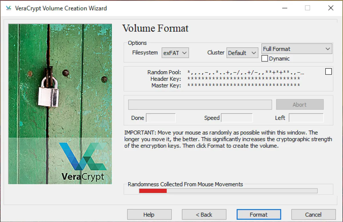 Thực hiện di chuyển chuột ngẫu nhiên để tạo dữ liệu mã hóa mạnh mẽ cho container VeraCrypt trước khi định dạng.