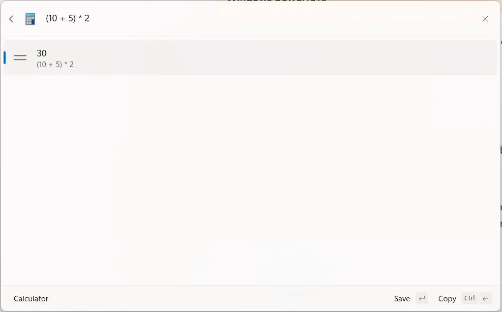 Thực hiện phép tính cộng trừ nhân chia đơn giản ngay trong giao diện Command Palette trên Windows.