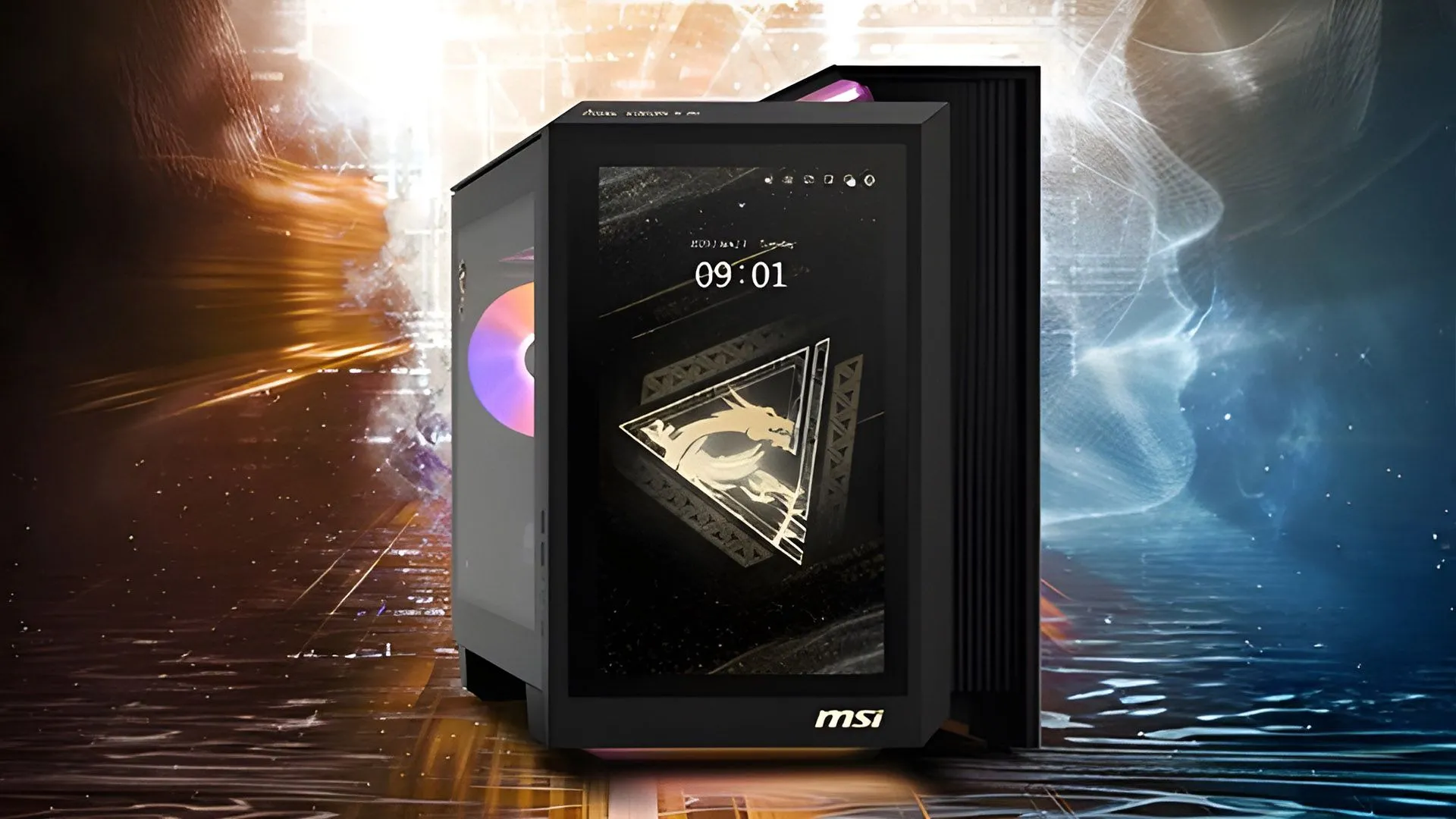 Thùng máy tính gaming MSI với màn hình cảm ứng lớn ở mặt trước