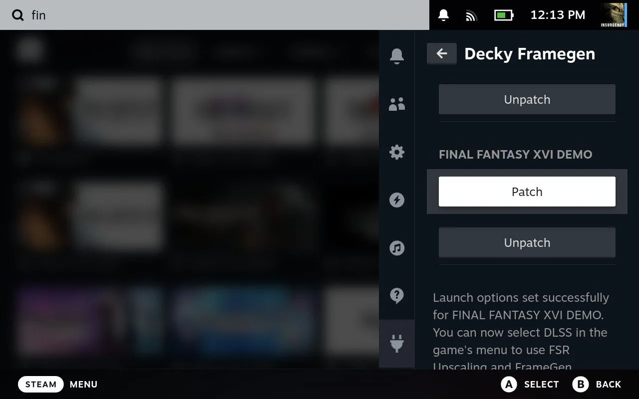Tiến hành vá game Final Fantasy XVI Demo bằng mod Decky Framegen trên Steam Deck.