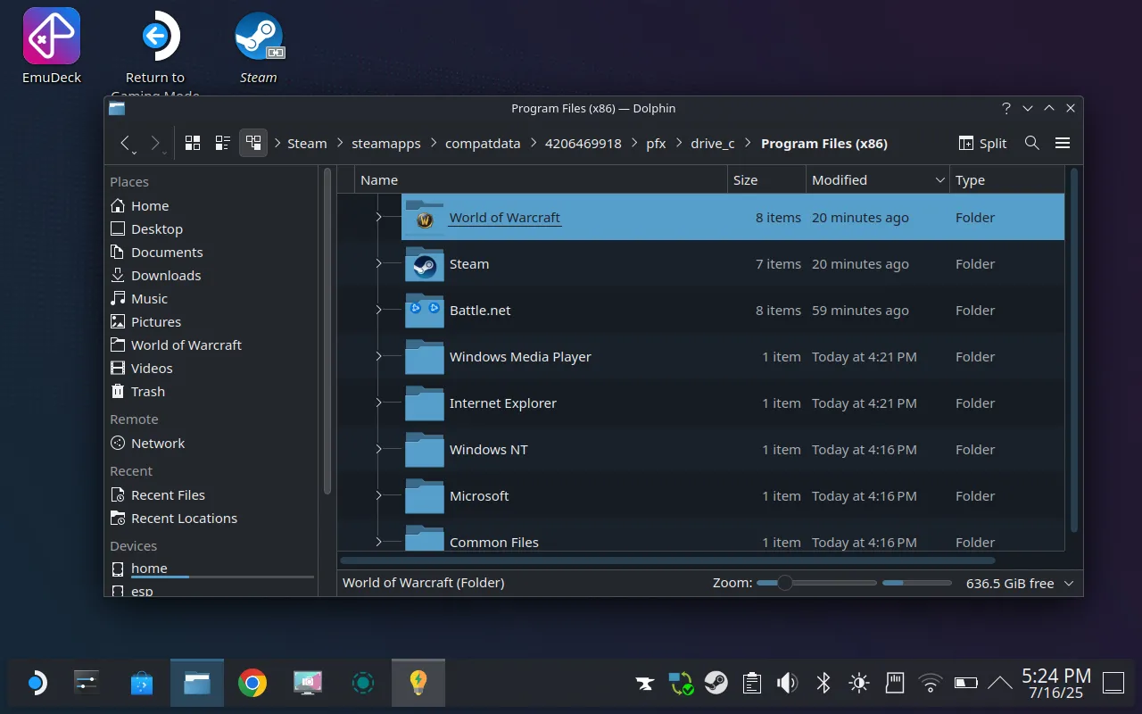 Tìm kiếm thư mục cài đặt World of Warcraft trong trình quản lý file Dolphin trên Steam Deck