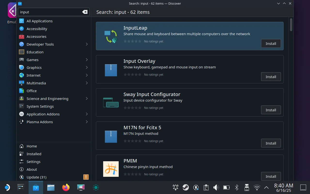 Tìm kiếm và cài đặt ứng dụng Input Leap trên Discover Store của SteamOS