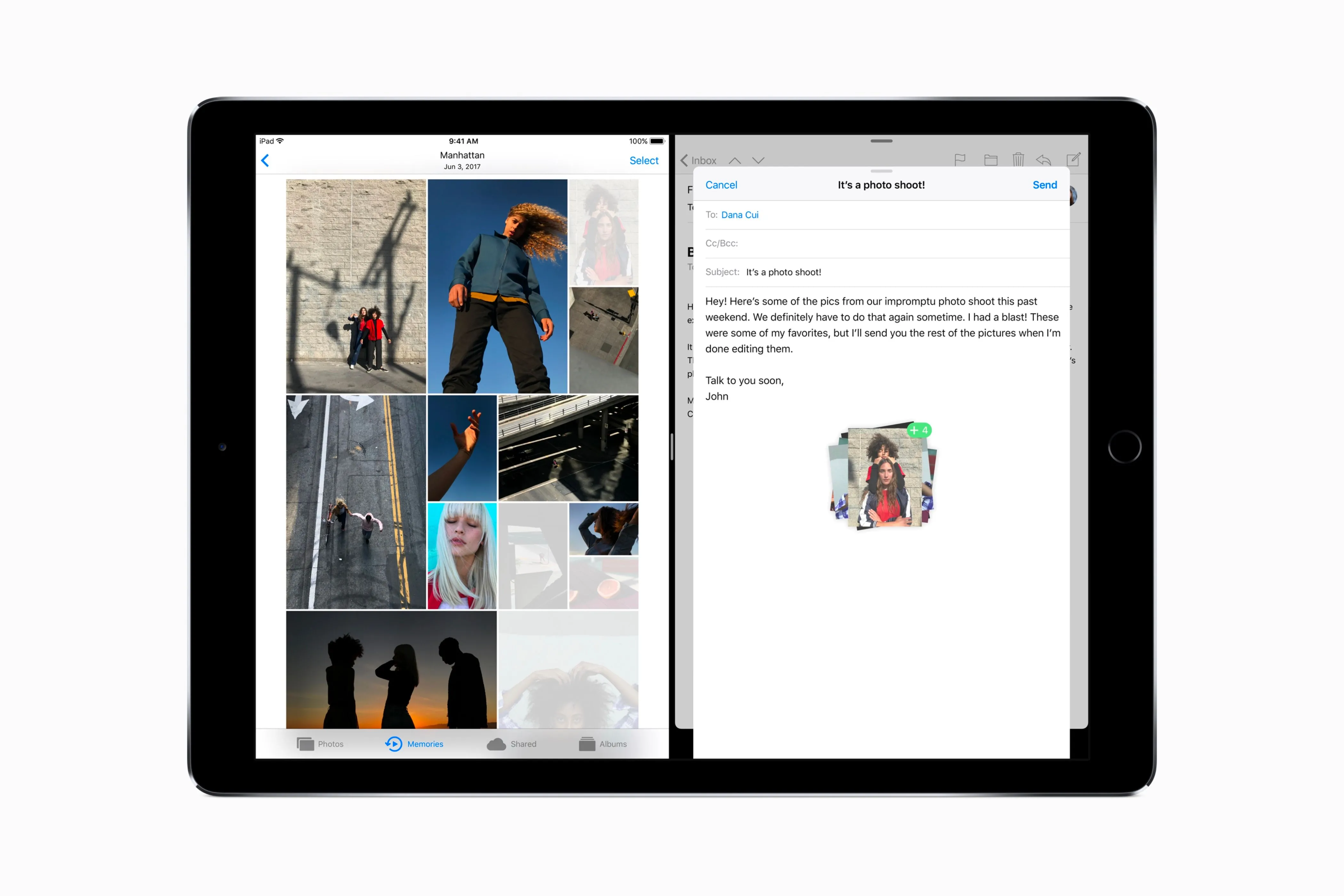 Tính năng kéo thả được minh họa trên màn hình iPad chạy iOS 11, giúp người dùng dễ dàng di chuyển ảnh và tài liệu giữa các ứng dụng